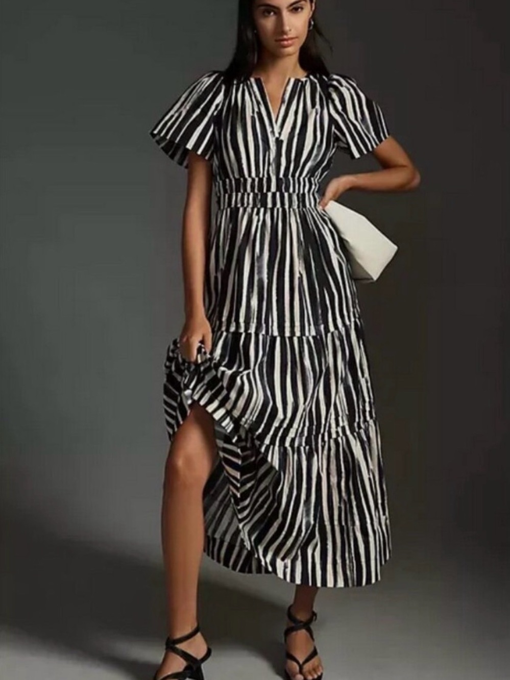 Anthropologie XL Petite Somerset Maxi Dress Cotton Tiered Carbon